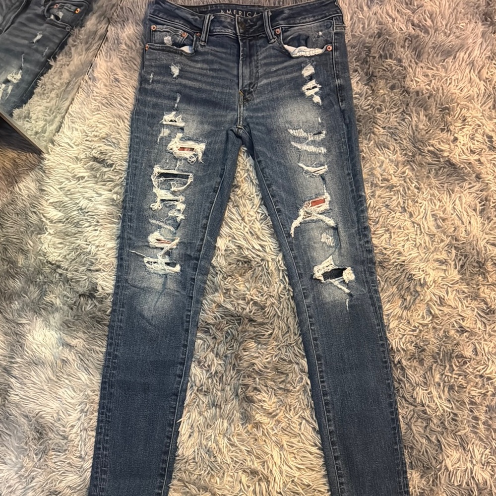 American Eagle Outfitters Blue Skinny Jeans with Distressed Design